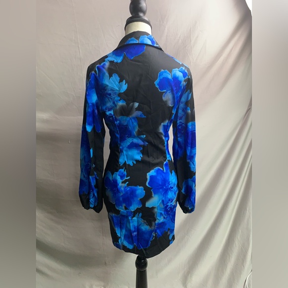 Blue Blossom-Patterned Lantern Sleeve Shirt Dress with Front Tie - Picture 6 of 6